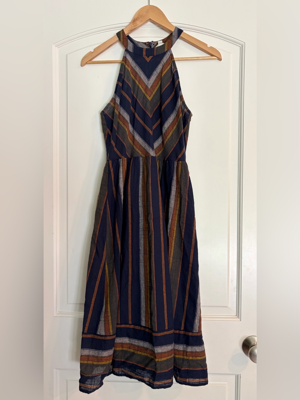 Blue Pepper Striped Navy Halter Midi Feminine Dress Rust and Olive Accents S